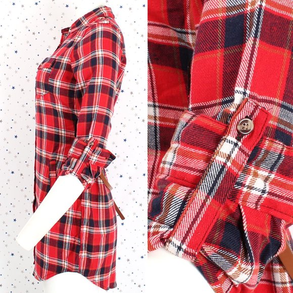 Plaid Button Up Shirt Dress with Belt Red - Picture 5 of 10